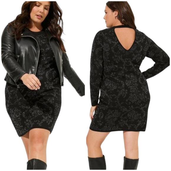 Torrid NWT Mini Jacquard Bodycon Stretch Dress Black Floral Long Sleeve Size 5X - Picture 1 of 6